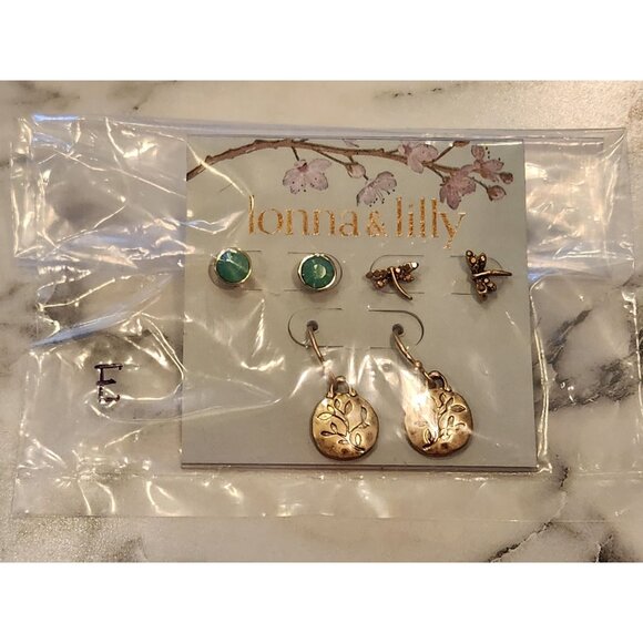 Lonna & Lilly 3-Pair Earrings Set - Green Studs Dragonfly & Gold Drop Earrings - Picture 2 of 9